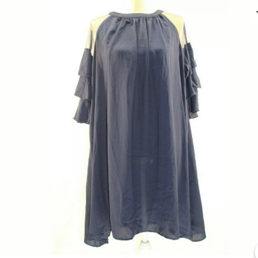 Suzanne Betro Navy Mesh Tiered Bell-Sleeve Dress